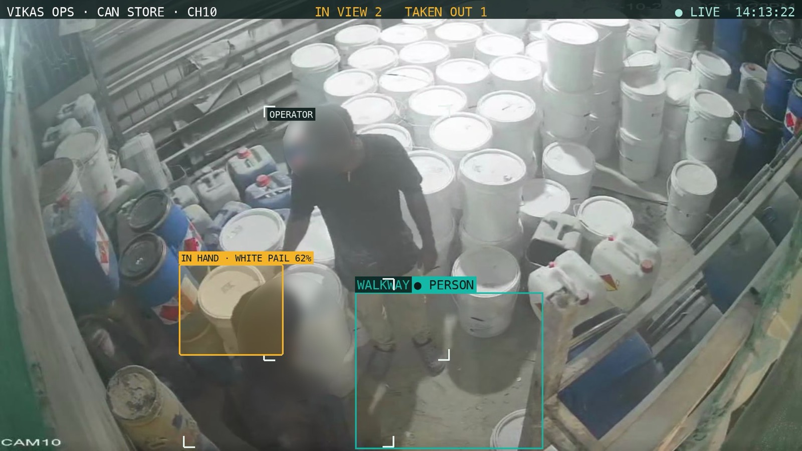 Live camera view of the raw material store: two operators tracked, one carrying a white resin pail, labelled In hand